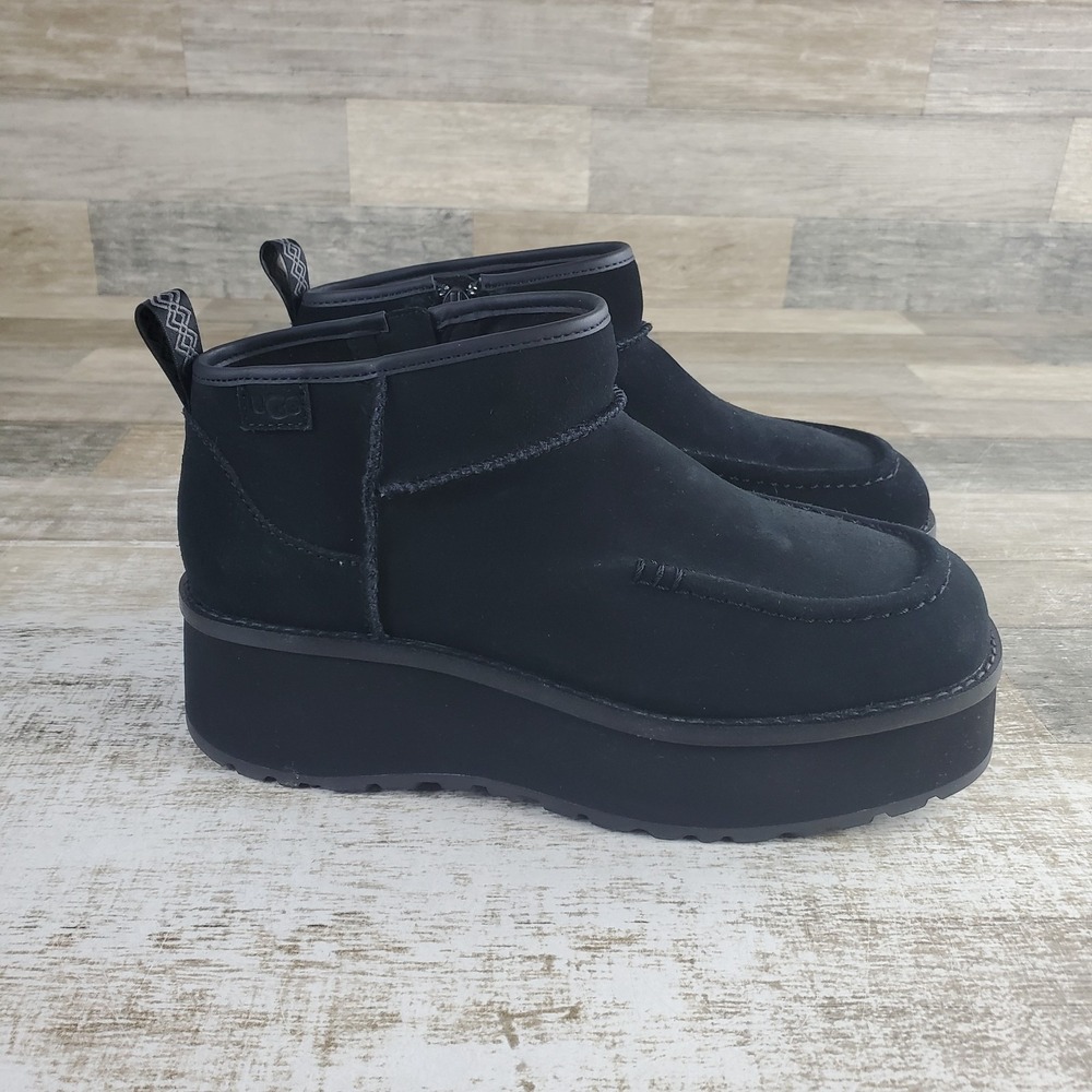 UGG Cityfunc Ultra Mini Womens Boots Sz 8 Black Suede Leather Platform Side Zip